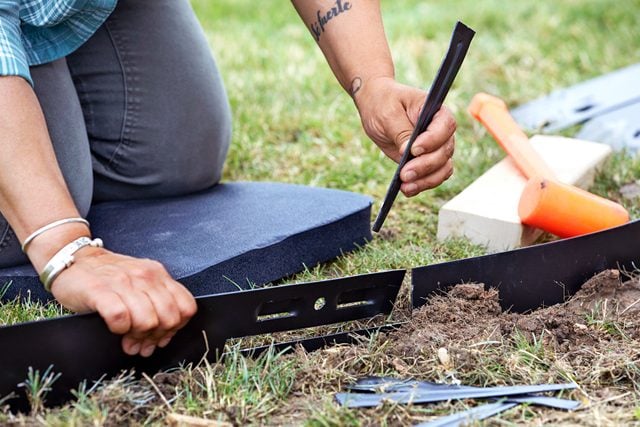 lawn edger is being used to establish garden boundary